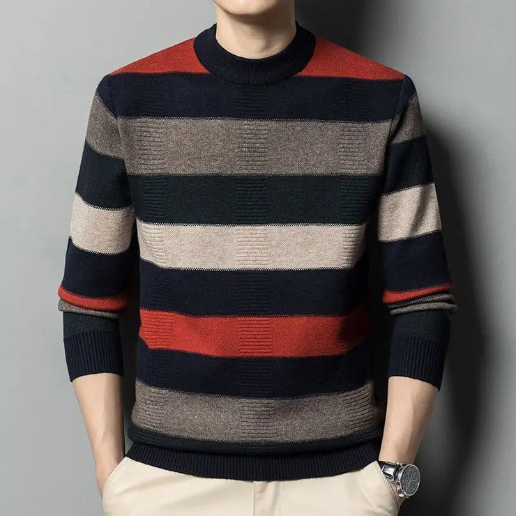 Autumn Winter Fashion High End Thickened Round Neck Sweater Men's Smart Casual Loose Versatile Patchwork Knitted Long Sleeve Top