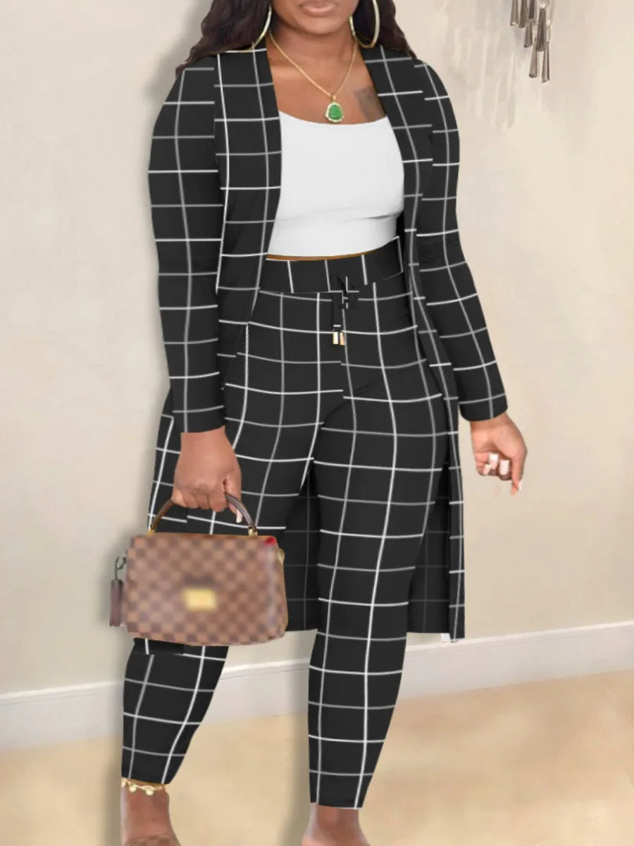 LW Plus Size Autumn Winter 2 Piece Sets Women Outfit Cami Pattern U Neck Long Sleeve Drawstring Three Piece Skinny Pants Set