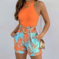 Floral Print Two-Piece Outfit - Sleeveless Halter Neck Top with Adjustable Tie, Belted High Waist Shorts with Pockets