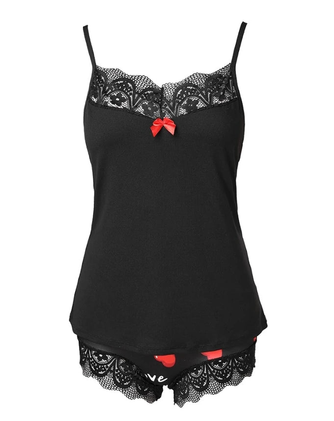 Two Piece Set Women Outfit 2025 Valentine's Day Love Heart Print Contrast Lace Sleeveless Cami Top & Home Shorts Pajama Set