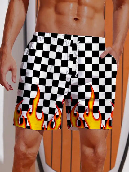 Pantalones cortos de verano 2024 con estampado 3D de rayas y llamas para hombre, bañadores hawaianos cortos transpirables con cordón ajustable