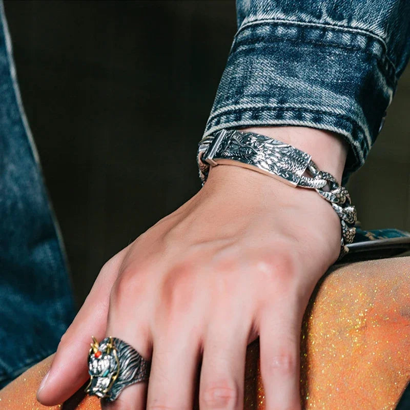 FoYuan Thai Silver Handmade Bracelet Male Domineering Dragon Head Bracele Fashion Retro Chinese Style Hip-Hop Punk Jewelry