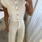 Autumn Women Suit Casual Striped Frill Hem Single Breasted Top and Flap Detail Design Straight Leg Pants Office Set