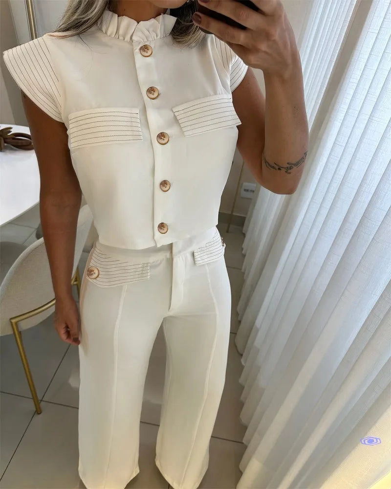 Autumn Women Suit Casual Striped Frill Hem Single Breasted Top and Flap Detail Design Straight Leg Pants Office Set