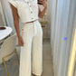 Autumn Women Suit Casual Striped Frill Hem Single Breasted Top and Flap Detail Design Straight Leg Pants Office Set