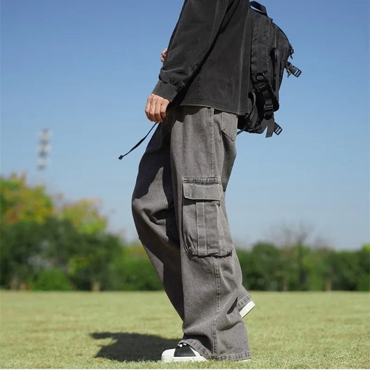 Solid Hip Hop Harajuku jeans Vintage pantalon large homme Pockets Wide Leg Baggy Jeans Men Streetwear Straight Denim Cargo Pants