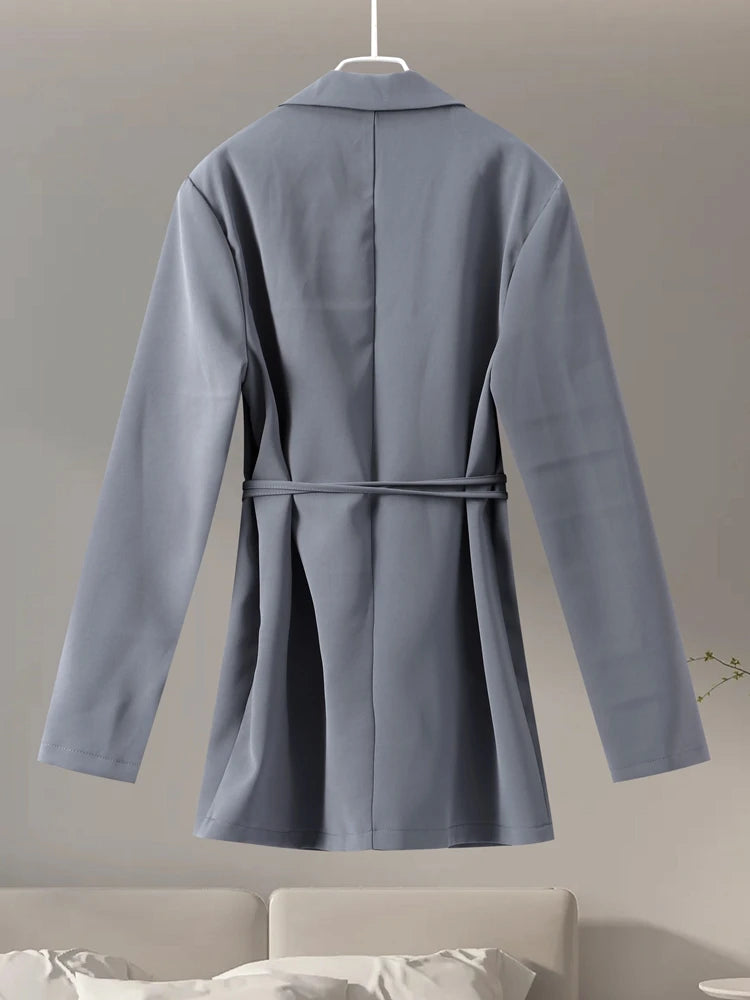 3D Flower Belts Blazer Coat Women Elegant Notched Double Breasted Long Sleeve Shoulder Pad Office Jacket Chic Gray Street Tops