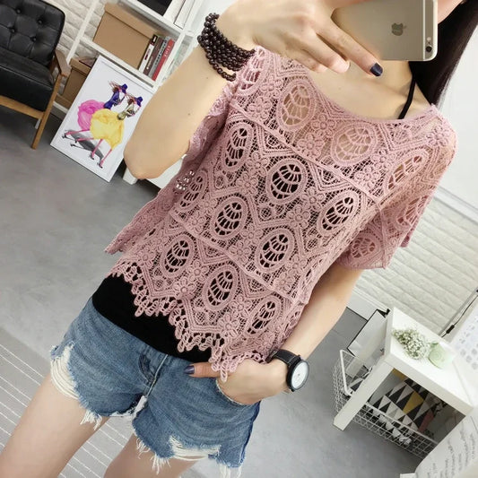 Summer New Crocheted Hollow Lace Shirt Women's Loose Short Short Sleeve T-shirt Top Bottoming Shirt Women's