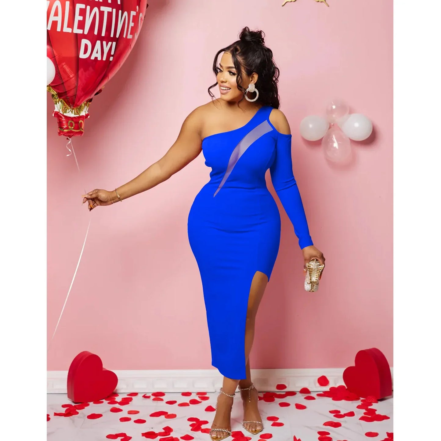 CM.YAYA Women Mesh Patchwork Cutout Shoulder One Long Sleeve Bodycon Midi Maxi Long Dress 2023 Club Evening Sexy Party Dresses
