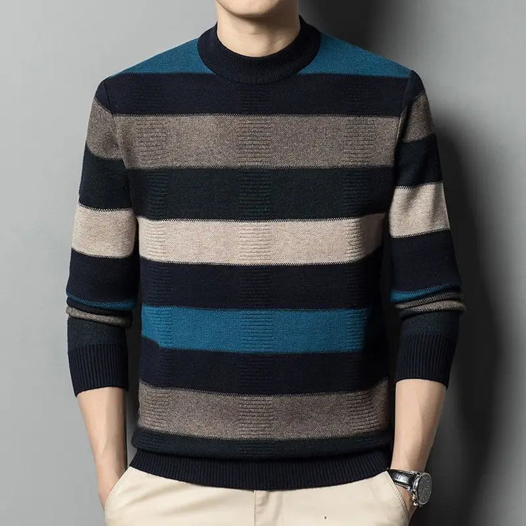 Autumn Winter Fashion High End Thickened Round Neck Sweater Men's Smart Casual Loose Versatile Patchwork Knitted Long Sleeve Top