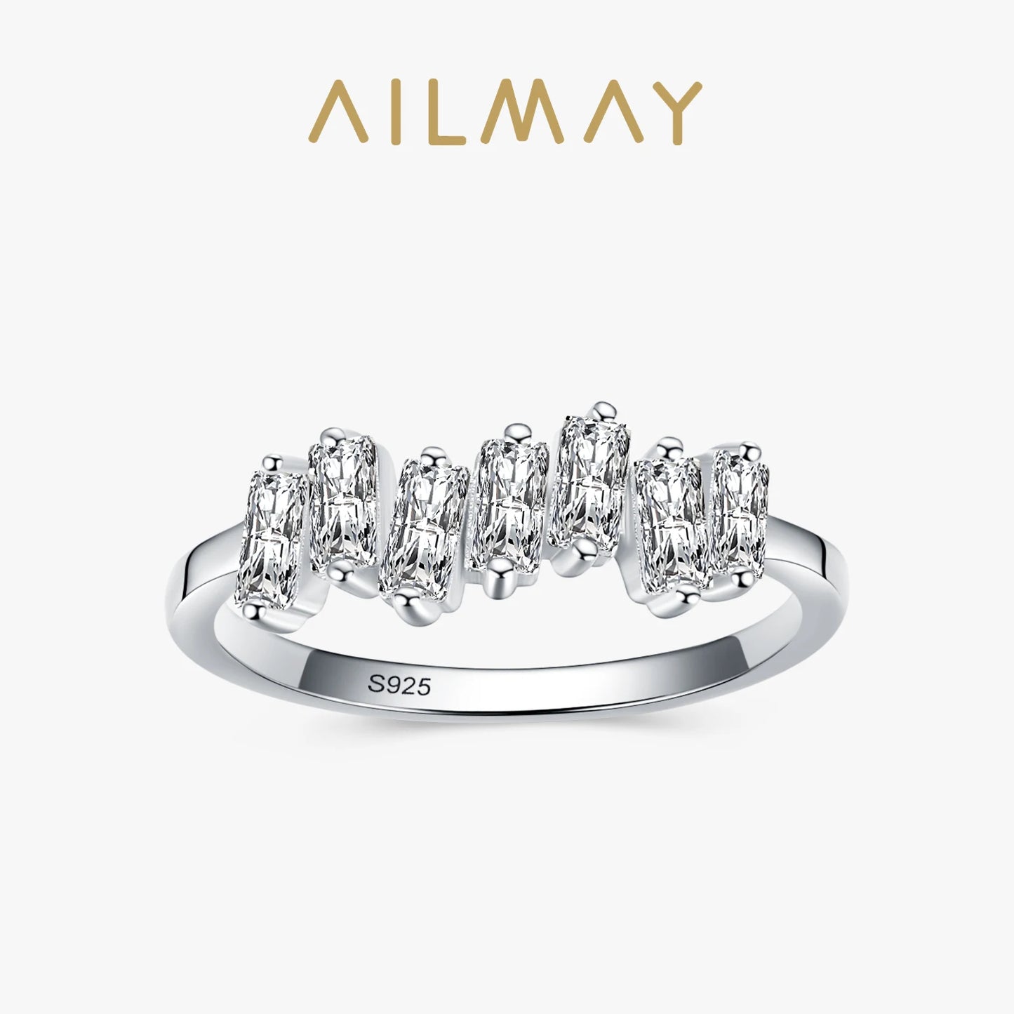 Anillo trapezoidal Ailmay con circonita cúbica transparente brillante de plata de ley 925 para mujer, ideal para bodas, compromisos y joyería fina femenina.