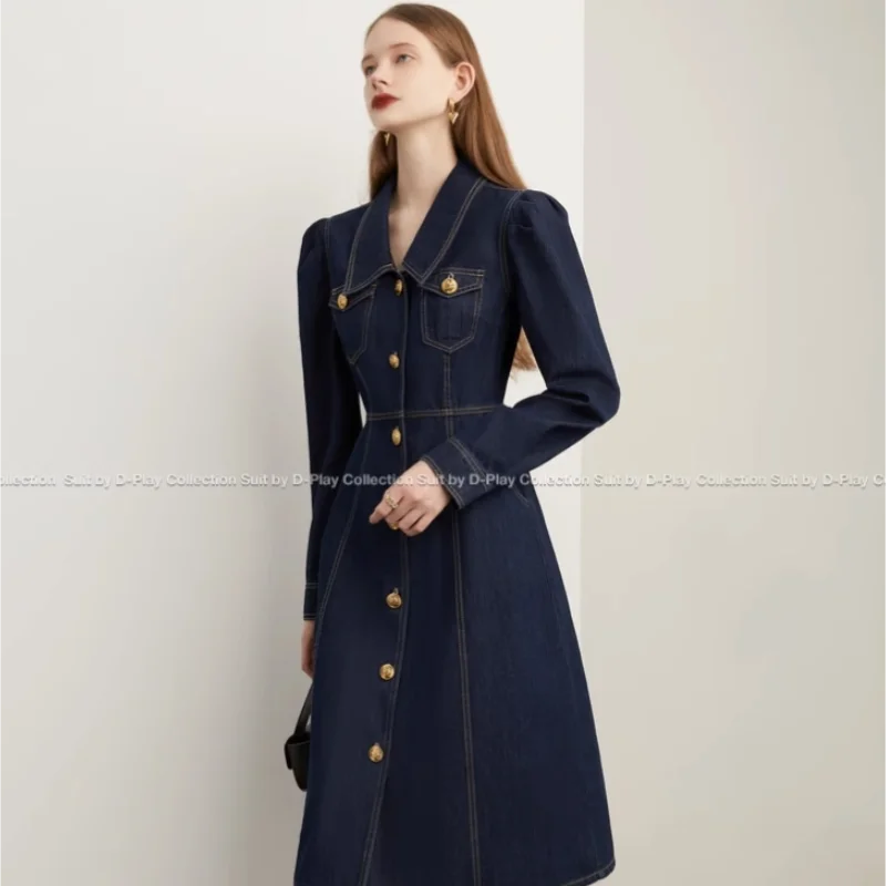 Blue Lapel Denim Dress For Women In Autumn And Winter, New Retro Commuting Style, Slim Denim Dress With A Waistband