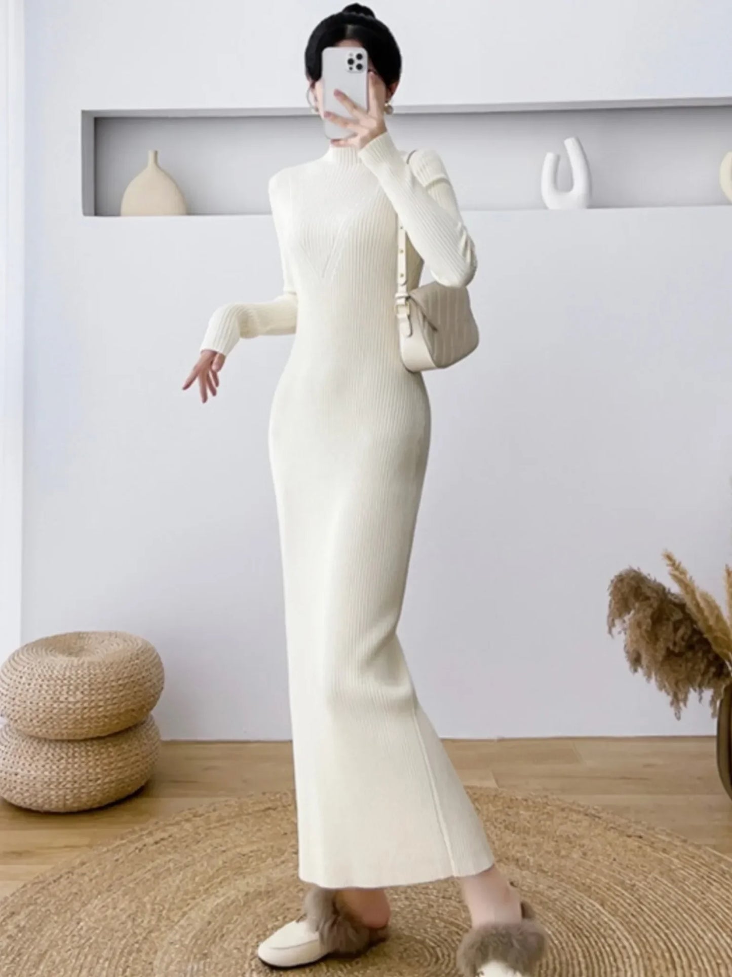 Elegant Slim Ribbed Knitted Dress Women Casual Long Sleeve Elastic Sweater Vestidos Autumn Winter Fashion Clothes Female Jumper