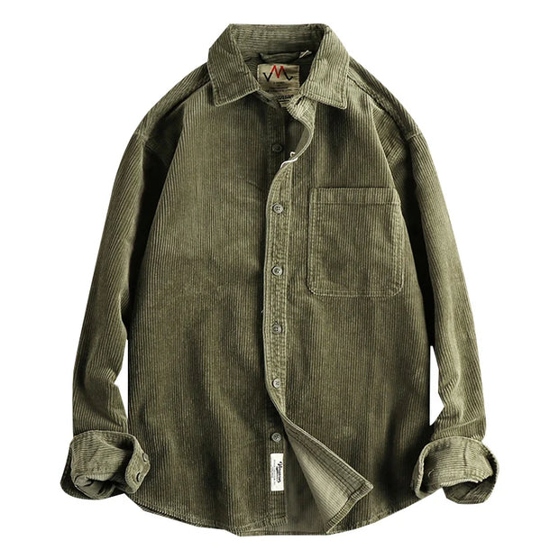 Small Amount of Woven Cotton Corduroy Washed Long sleeve Shirts Men's American vintage Trendy Single Pocket Shirt Outerwear
