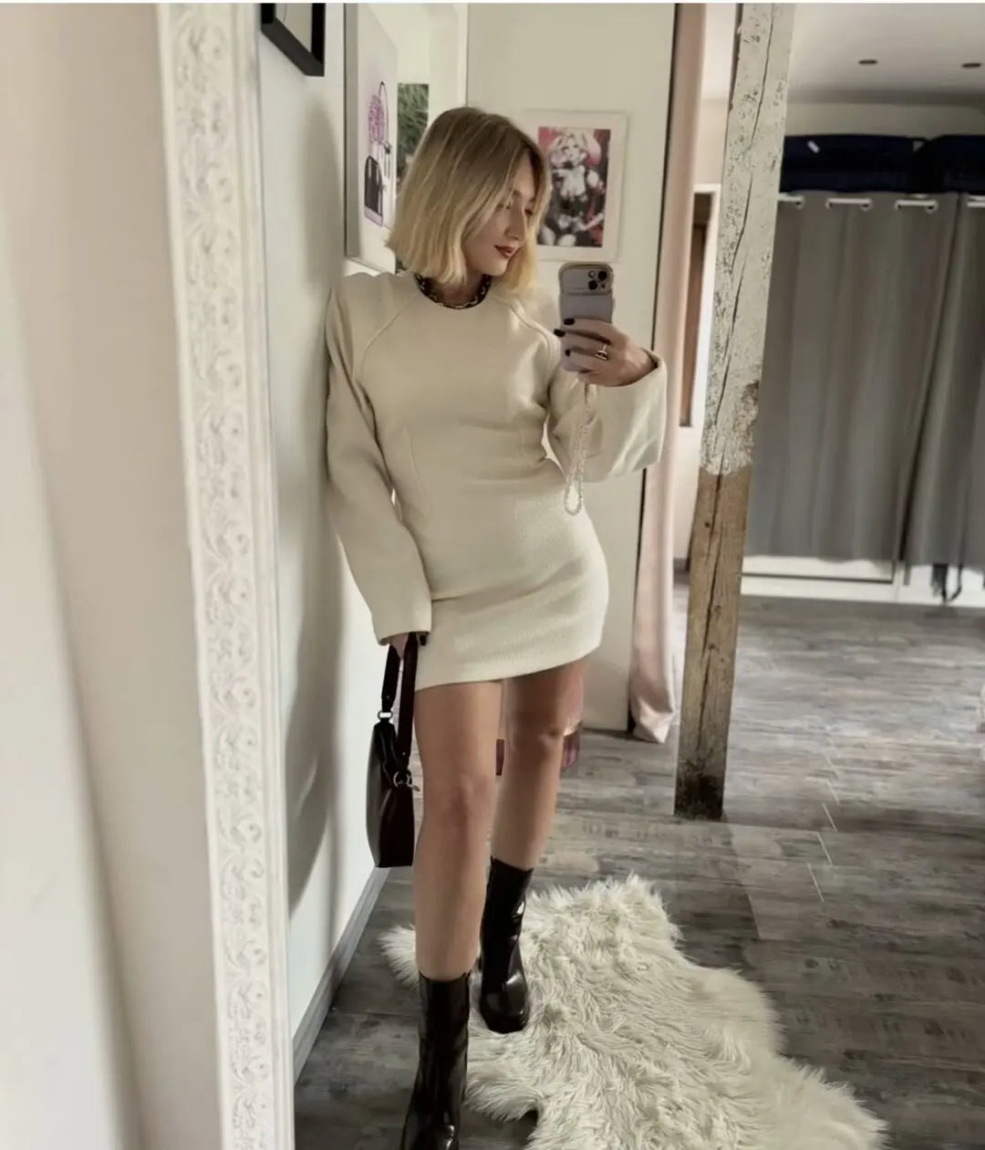 European and American style autumn and winter new round neck bubble long sleeve slim hip dress female fashion all-match casual d