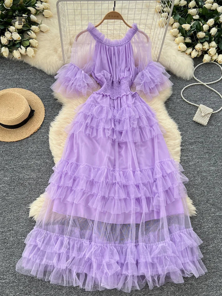 SINGREINY Elegante Vestido de Malla con Mangas Acampanadas y Hombros Descubiertos, Fruncido, Sólido, para Mujer, Otoño, Vestidos de Fiesta de Lujo para Personas Mayores