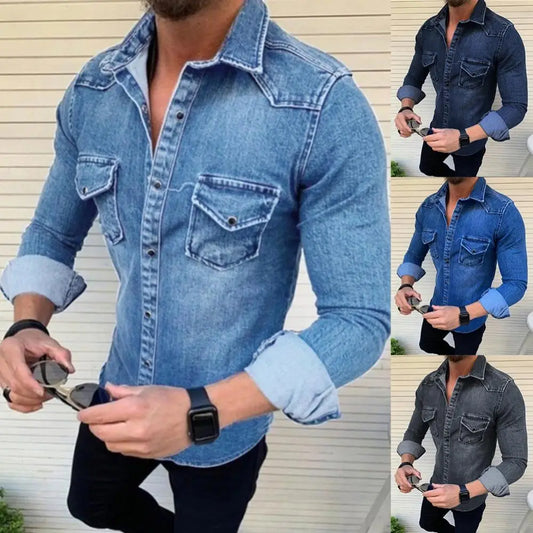 Spring Autumn Mens Jeans Shirt Short Sleeve Denim Shirts for Men Soft Cotton Two Pockets Slim Elastic Denim Shirts chemise homme