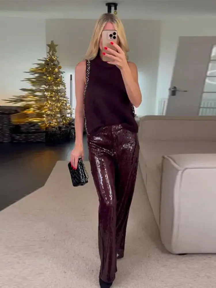 Street Sequin Pants Women Loose High Waist Wide Legs Shiny Trousers Female 2025 Spring Fashion Straight Chic Streetwears Lady
