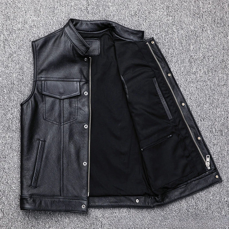2024 New Men's Leather Vest Zipper Button Casual Motorcycle Vest Men's Punk Rock Sleeveless Leather Tops PU