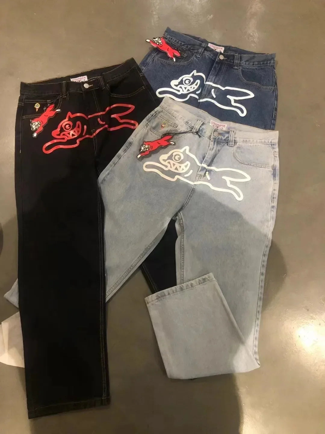 Harajuku Luxury Men Flying Dog Jeans Graphic Printed Y2k Pants Wide Leg Loosen Fit Vintage Denim Clothing For Male