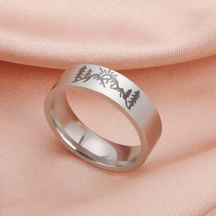COOLTIME Punk Stainless Steel Wave Rings for Men Landscape Mountain Man Ring Cutout Jewelry Birthday Gift Wedding Trend