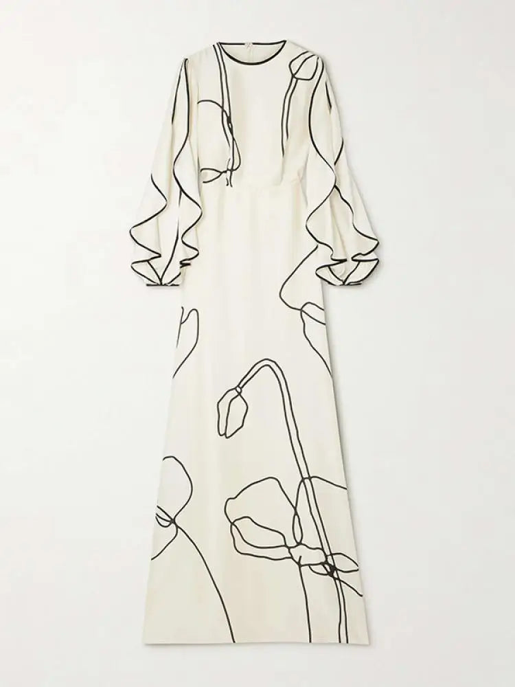 Vestido largo Missuoo con estampado floral blanco para mujer, cuello redondo, mangas largas, cintura alta, plisado, elegante vestido de noche para mujer