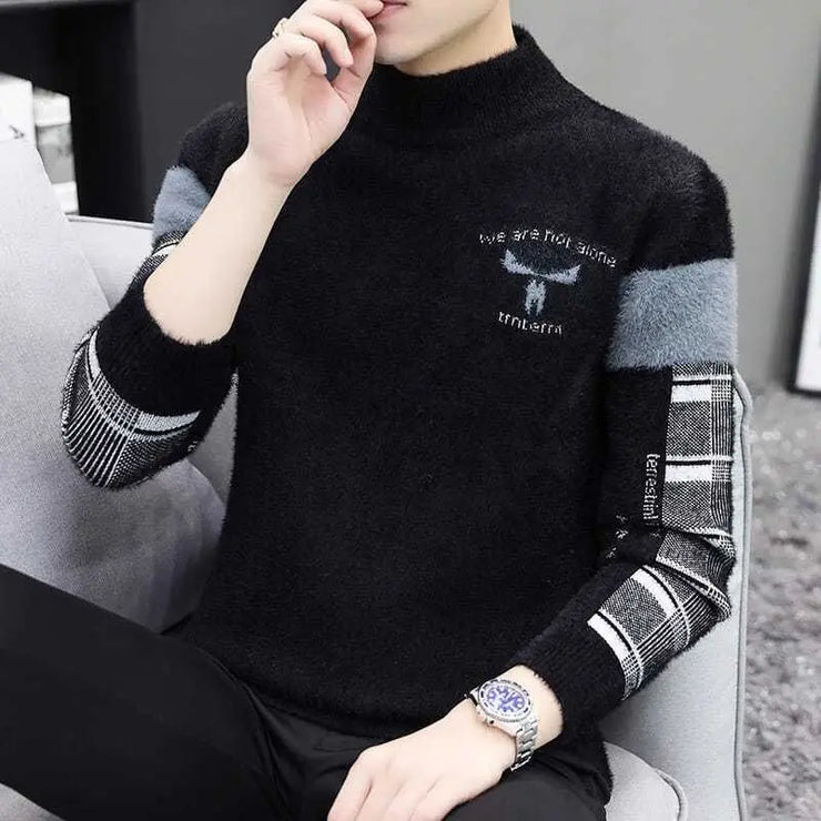 Winter KPOP Fashion Style Harajuku Slim Fit Tops Loose Casual All Match Knitwear Half High Collar Insert Long Sleeve Sweaters