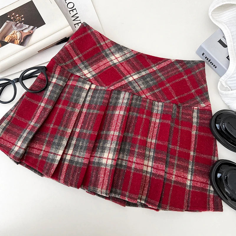 Fall Winter Plaid Pleated Skirt Womens Thick Woolen Red Tartan Mini Skirt Classic Saia Feminina Christmas Outfit