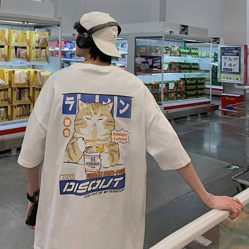 Camiseta informal de manga corta con estampado de dibujos animados para hombre, camiseta japonesa extragrande, ropa para hombre, cuello redondo, talla grande para mujer