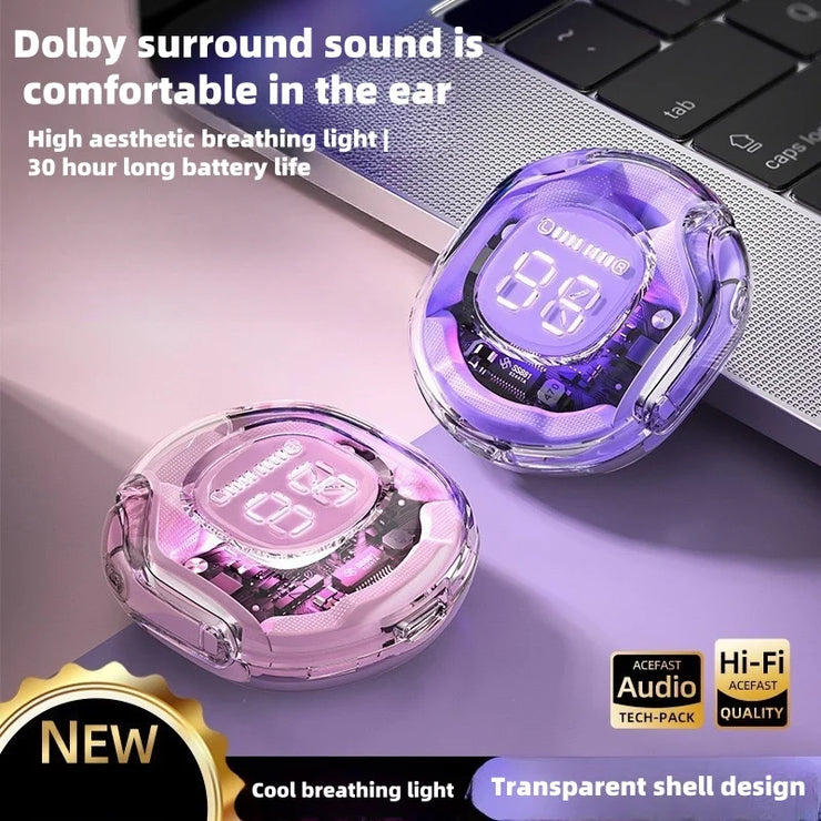 New Crystal TWS Earbuds ENC Audifonos Wireless Earbuds Led Digital Display Transparent Case TWS Earphone