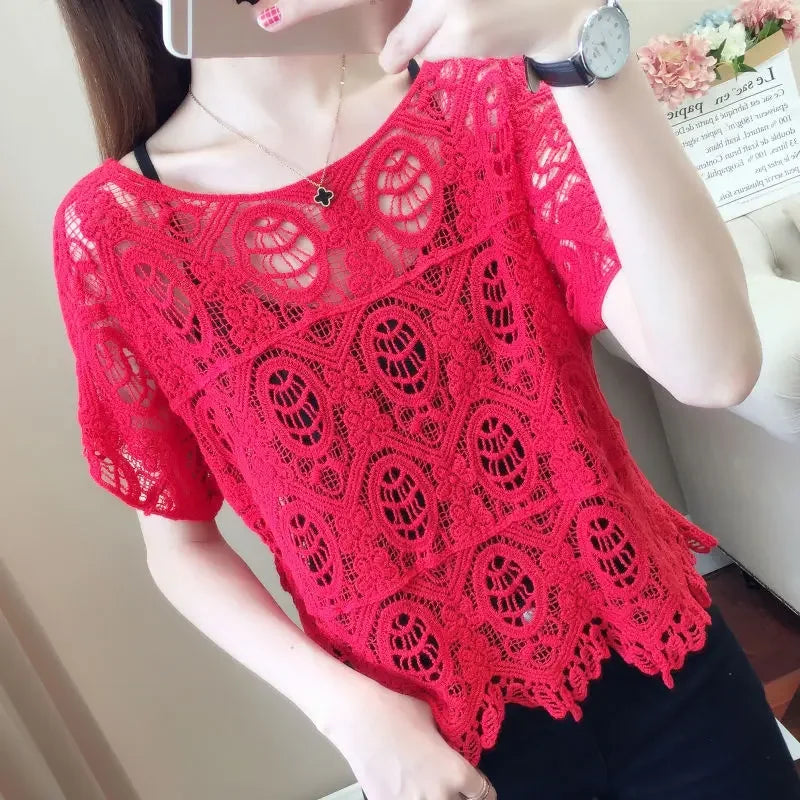 Summer New Crocheted Hollow Lace Shirt Women's Loose Short Short Sleeve T-shirt Top Bottoming Shirt Women's