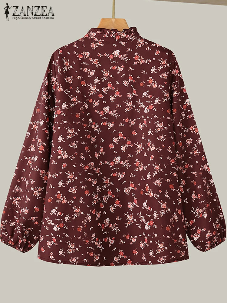 Vintage Long Sleeve Blusas Retro ZANZEA Causal Floral Printing Blouse Holiday Ruffles Neck Tops 2024 Autumn Loose Shirts Femme