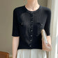 Women's Summer Round Neck Solid Color Fashion Slim Fit Fine Imitation Wool Knitted Short Sleeve Pocket Cardigan T-Shirt Top