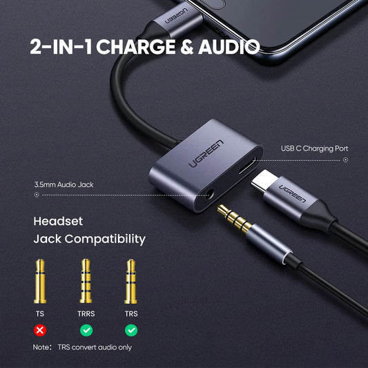 Adaptador de cable UGREEN USB C a Jack 3.5 tipo C, convertidor de auriculares USB tipo C de 3.5 mm AUX para Huawei P20 Pro, Xiaomi Mi 6, 8, 9 SE y Note