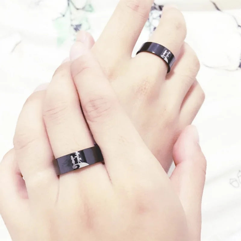 Stainless Steel Couple Rings Halloween Jack and Sally Lover's Rings Engagement Wedding Ring for Men Women Party Jewelry