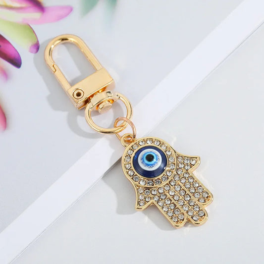 Creative Blue Eye Key Ring for Women Heart Palm Shaped Crystal Metal Keychain Fashion Turkish Jewelry Accessories Decoration