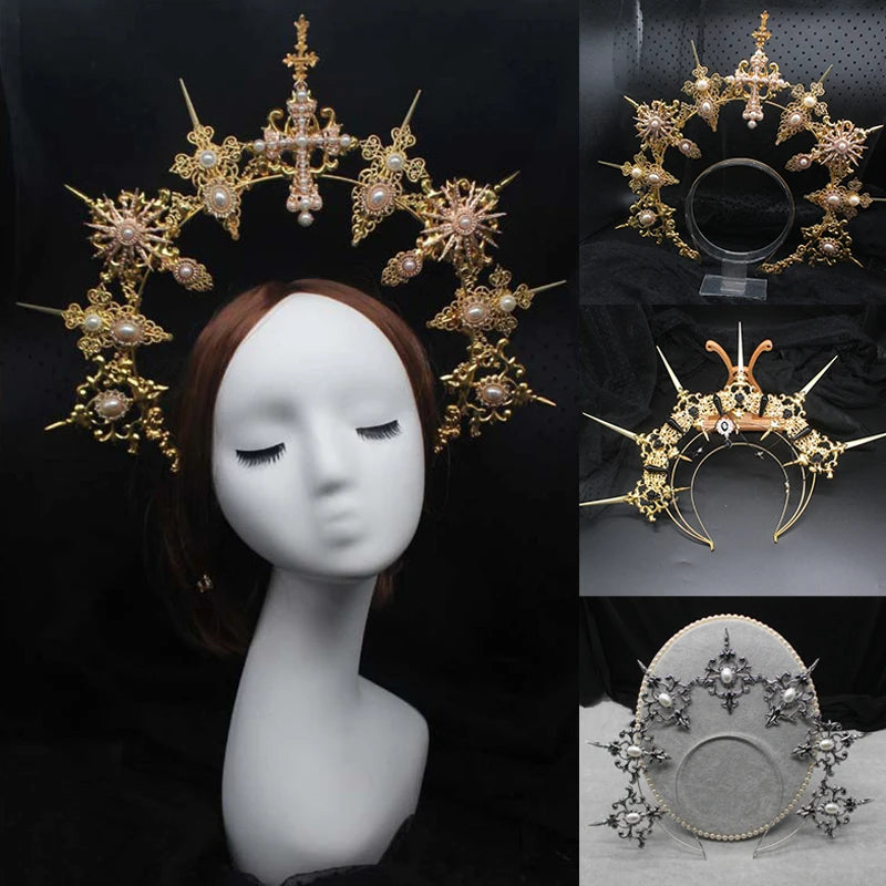 Diadema gótica Lolita con halo, diadema barroca de reina y princesa, diadema de diosa del sol y diablo, accesorios para el cabello punk de Halloween