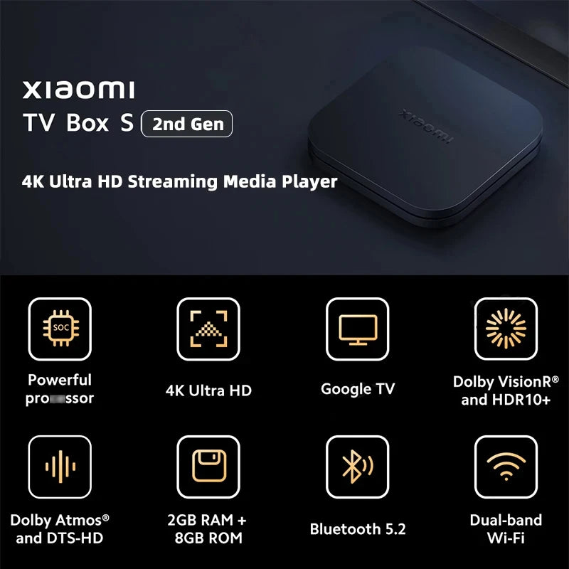 Global Version Xiaomi Mi TV Box S 2nd Gen 4K Ultra HD Bluetooth 5.2 HDMl 2GB 8GB Google TV Google Assistant Smart Media Control