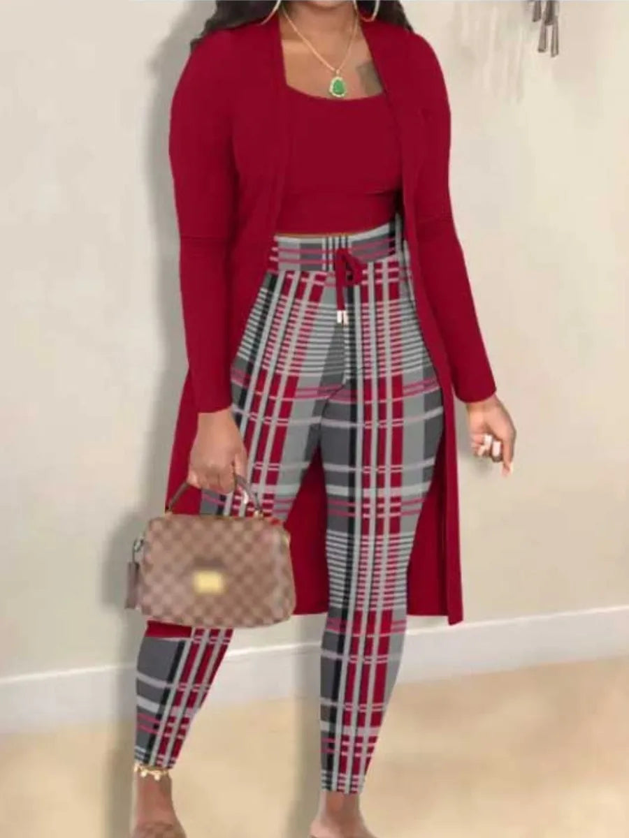 LW Plus Size Autumn Winter 2 Piece Sets Women Outfit Cami Pattern U Neck Long Sleeve Drawstring Three Piece Skinny Pants Set