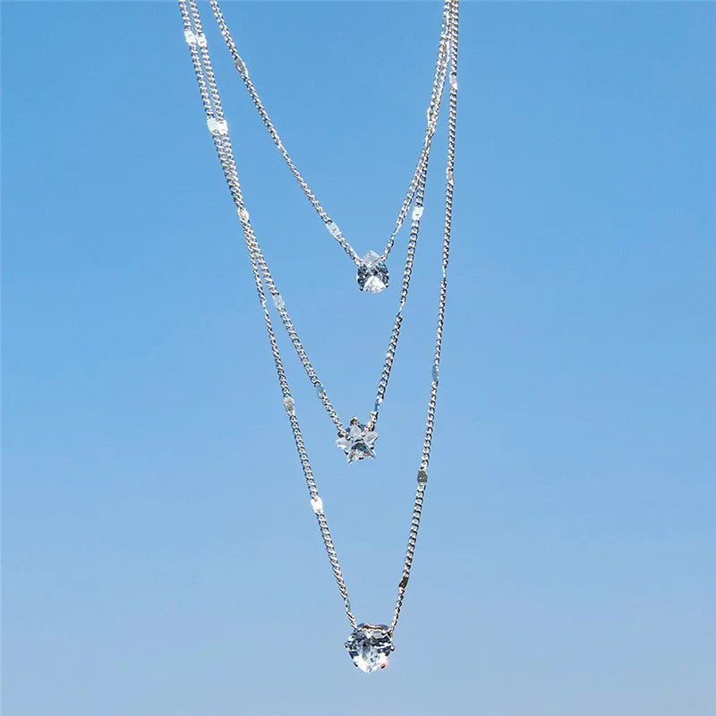 Fashion Crystal Zircon Heart Star Charm Layered Pendant Necklace Set for Women Charms Square Rhinestone Female Vintage Jewelry