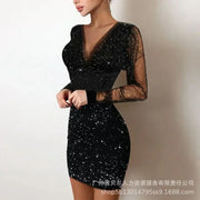 Summer New Women's Solid Color Rhinestone Turtleneck Dusting Powder Slim Long Sleeve Dress
