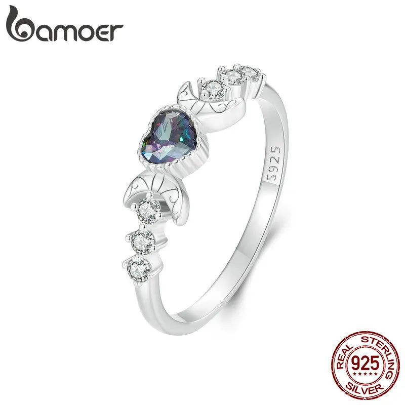 BAMOER White Gold Plated Moon Heart Ring, 925 Sterling Silver Vintage Fashion Rings for Women Girls BSR534