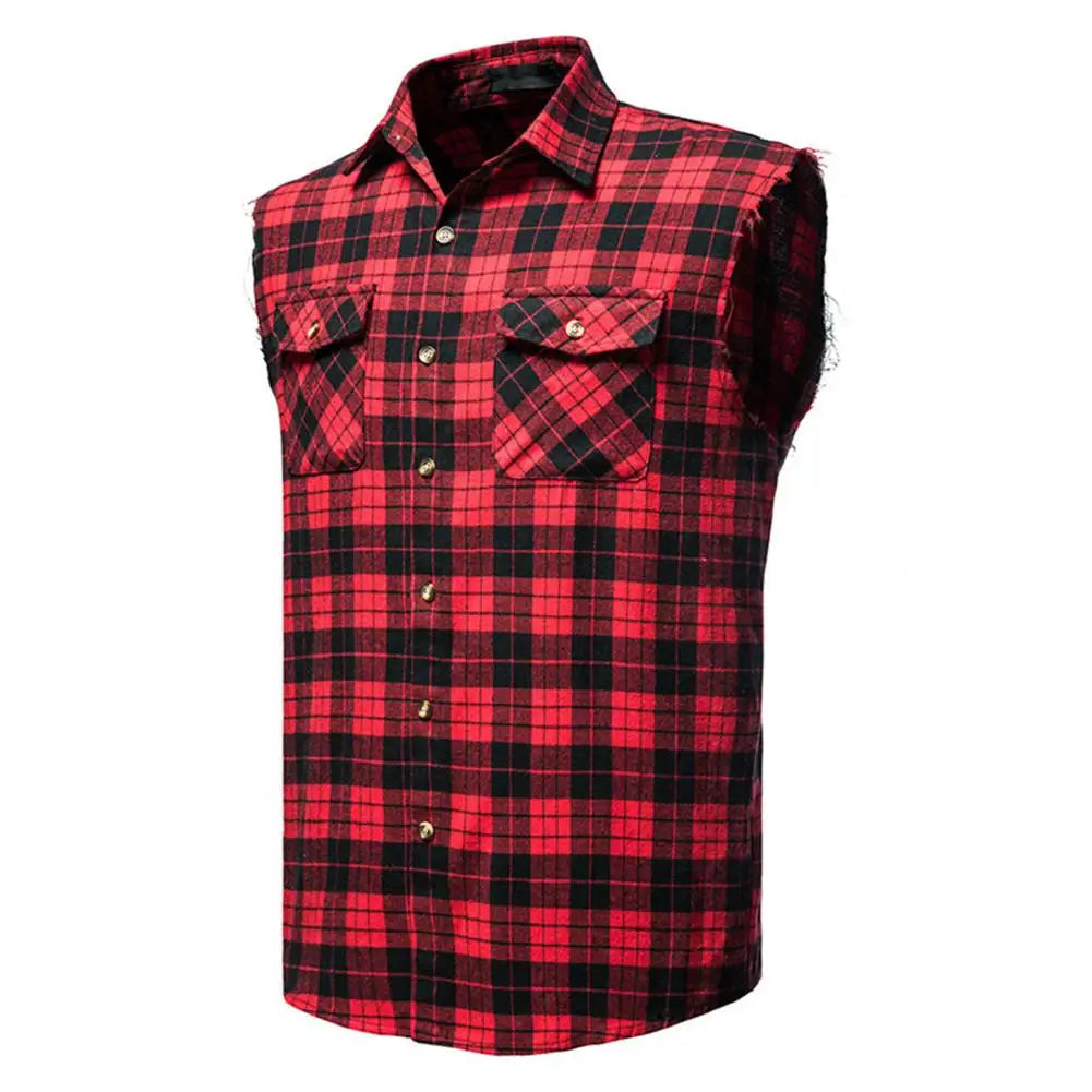 Gilet à revers sans manches pour homme, poches à rabat, simple boutonnage, coupe 3D, imprimé écossais, streetwear