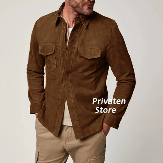 Men's Jacket Suede Slim Fit Lapel Cardigan High Quality With Pockets Business Office Suit Coat Single Breasted Clothes