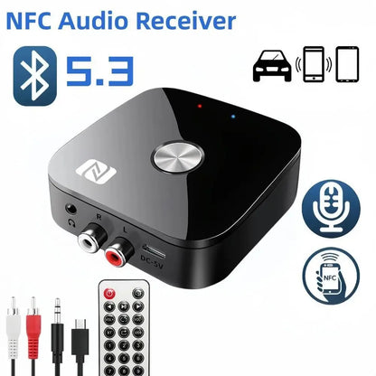 Receptor de audio Bluetooth 5.3 con RCA de 3,5 mm, AUX, USB, estéreo, NFC, BT 5.0, adaptador inalámbrico, disco U con micrófono para kit de coche, altavoz y amplificador.