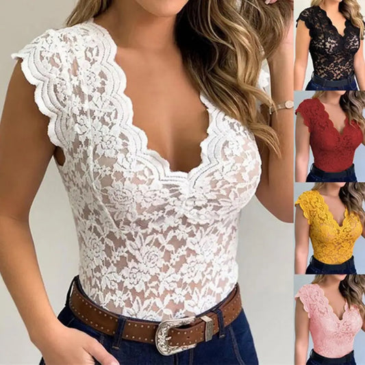 V-neck Sleeveless Tunic Top See-through Floral Lace Hollow Summer Blouse Streetwear