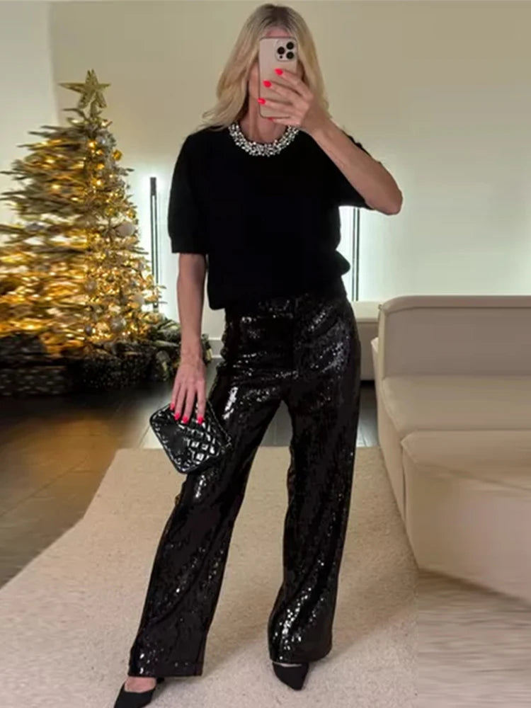 Street Sequin Pants Women Loose High Waist Wide Legs Shiny Trousers Female 2025 Spring Fashion Straight Chic Streetwears Lady