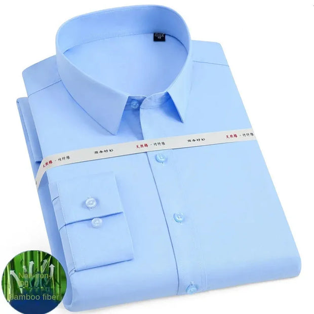 High quality men's long sleeved bamboo fiber shirt comfortable breathable business social formal top white blue gray 6XL-7XL-8XL