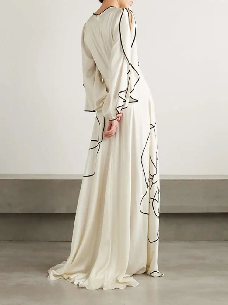 Vestido largo Missuoo con estampado floral blanco para mujer, cuello redondo, mangas largas, cintura alta, plisado, elegante vestido de noche para mujer