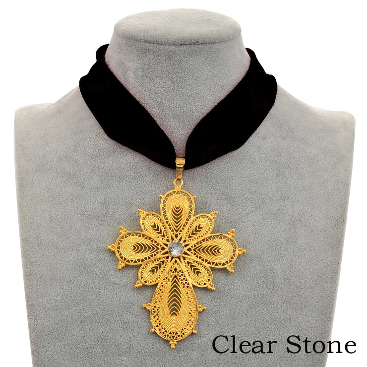 Anniyo Ethiopian Wedding Party Cross Pendant DIY Rope Chain for Women Girls,Gold Color Eritrea Jewelry African Crosses #222306